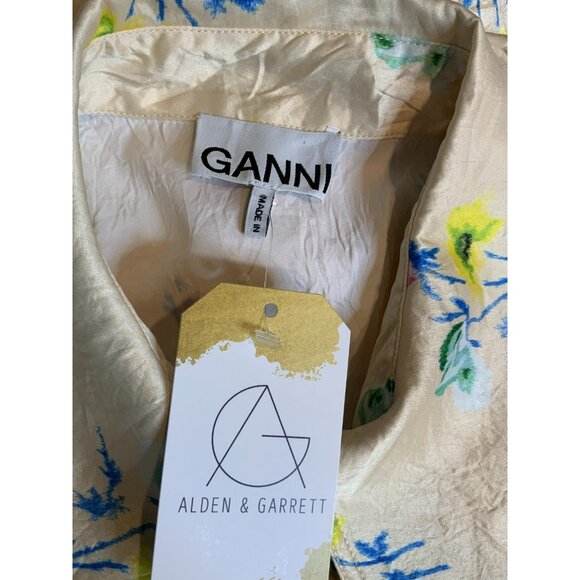 GANNI Floral Ruched Crinkled Cream Satin Long Sleeve Shirt, Size 44 | 14 - Picture 11 of 12